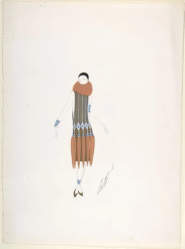 Design for Turquoise and Gold Beaded Dress with Fur Ruff and Fur Tails Hanging from Hipline for "Manhattan Mary," Majestic Theater, New York