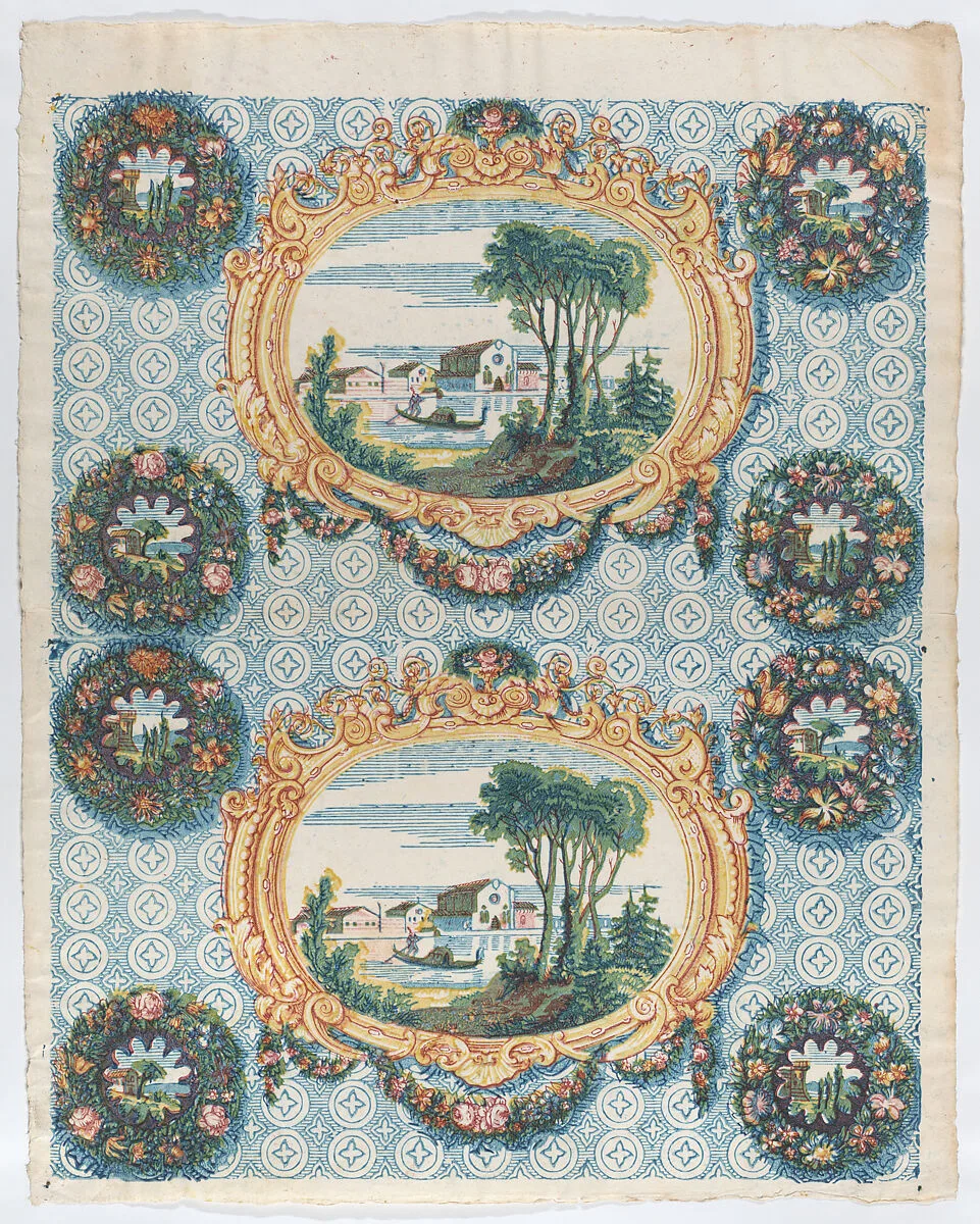 Sheet with two borders with landscapes within frames and wreaths — Remondini Family|Anonymous