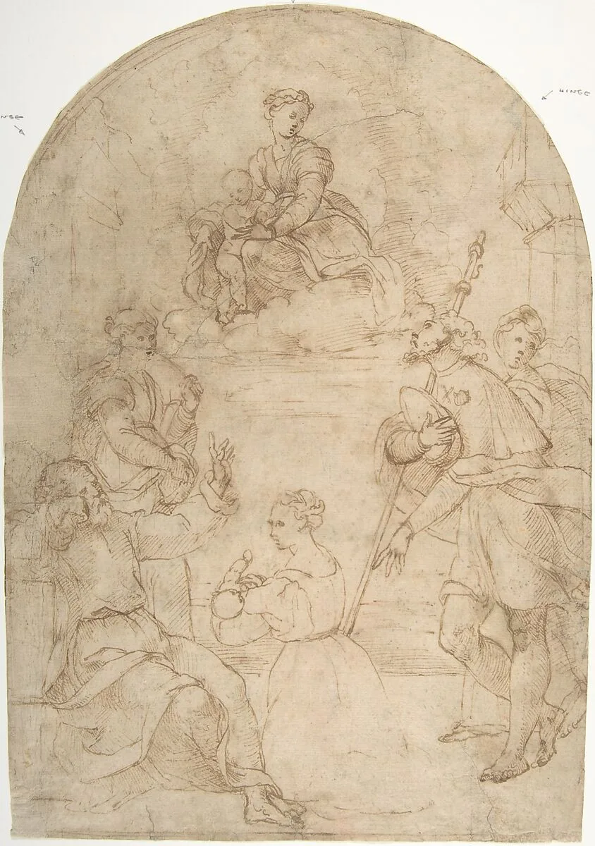 Saint Roch Recommending a Woman with a Sick Child to the Virgin (recto); Figure of a Man Holding a Book; Nude Figure of a Man (verso) — Anonymous, Italian, 16th century