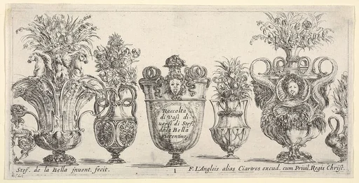 Seven vases, the vase in the middle decorated with the face of Medusa, Plate 1 from "Collection of Various Vases" (Raccolta di Vasi Diversi)