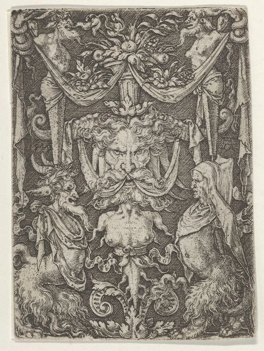 Panel with Grotesque Candelabrum Containing a Mask and Two Satyrs — Heinrich Aldegrever