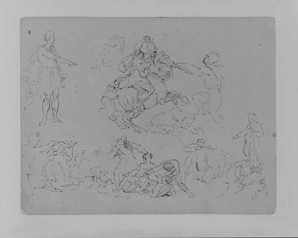 Figure Sketches, Including Battling Equestrain, Roman Caesar Type Pointing, Bloody Brawl, Etc. (from Sketchbook) — Thomas Sully