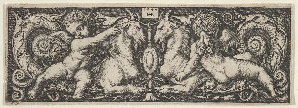 Horizontal Panel with Two Genii Riding on Two Chimeras — Sebald Beham