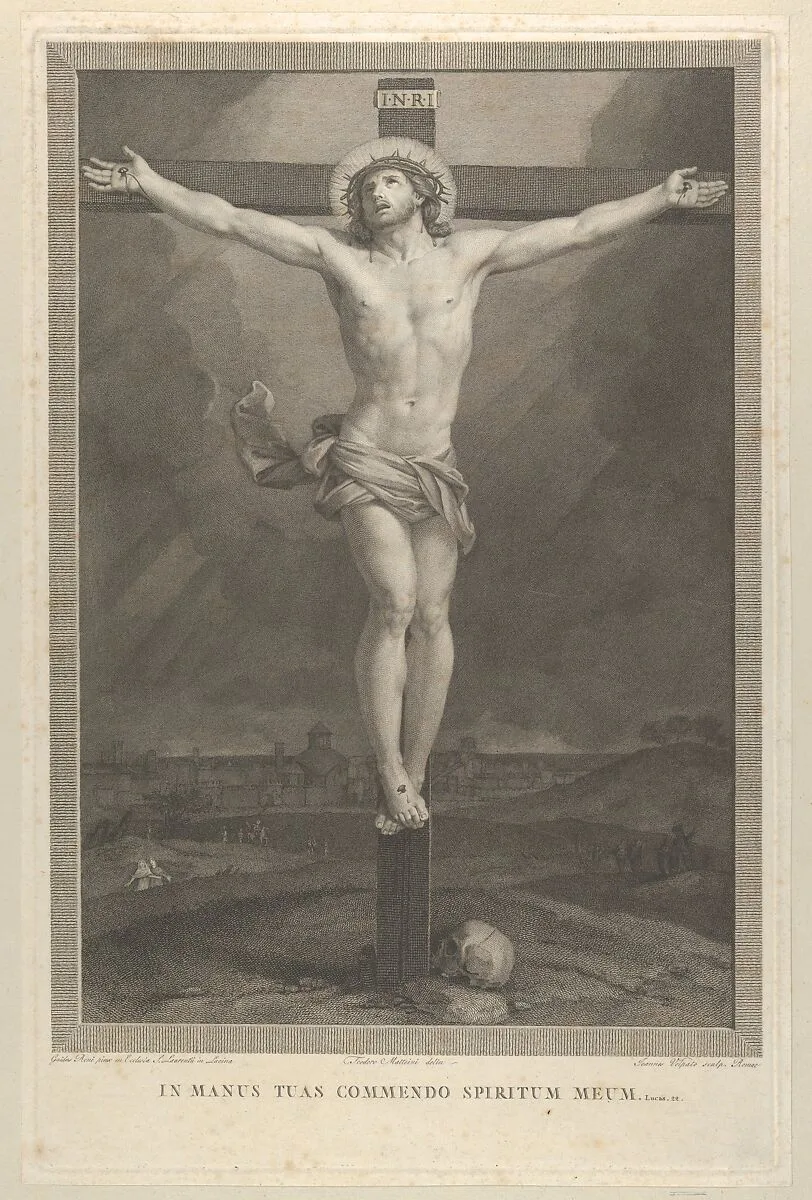 Christ crucified on the cross, a skull at the base, buildings in the background, after Reni — Guido Reni|Giovanni Volpato|Teodoro Matteini