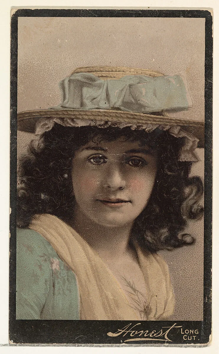Actress wearing straw hat with blue ribbons, from Stars of the Stage, Third Series (N131) issued by Duke Sons & Co. to promote Honest Long Cut Tobacco — W. Duke, Sons & Co.|Joseph P. Knapp|American Tobacco Company