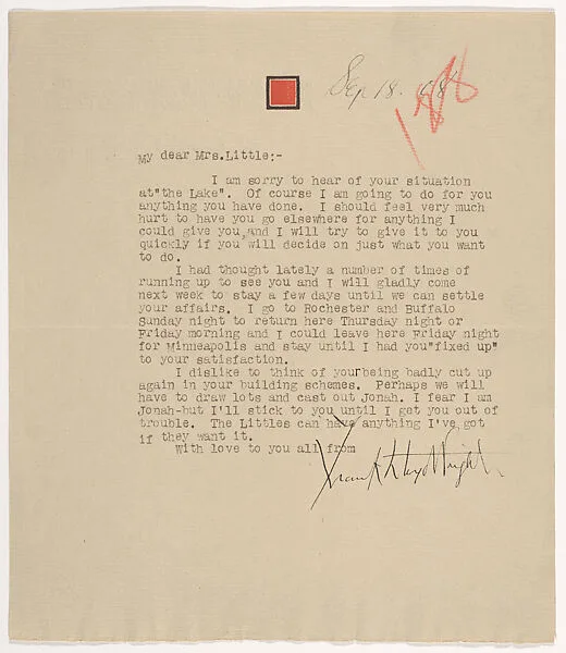 Letter: Frank Lloyd Wright to Mrs. Francis W. Little, September 18, 1908 — Frank Lloyd Wright