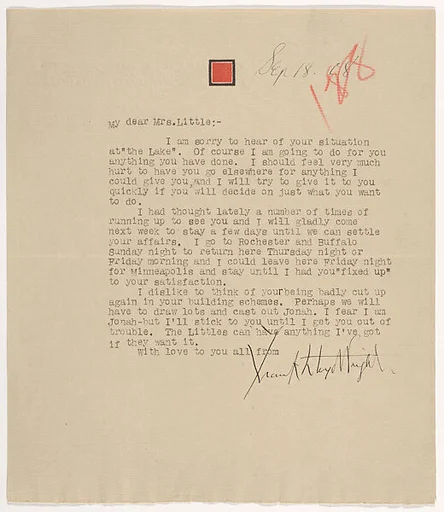 Letter: Frank Lloyd Wright to Mrs. Francis W. Little, September 18, 1908