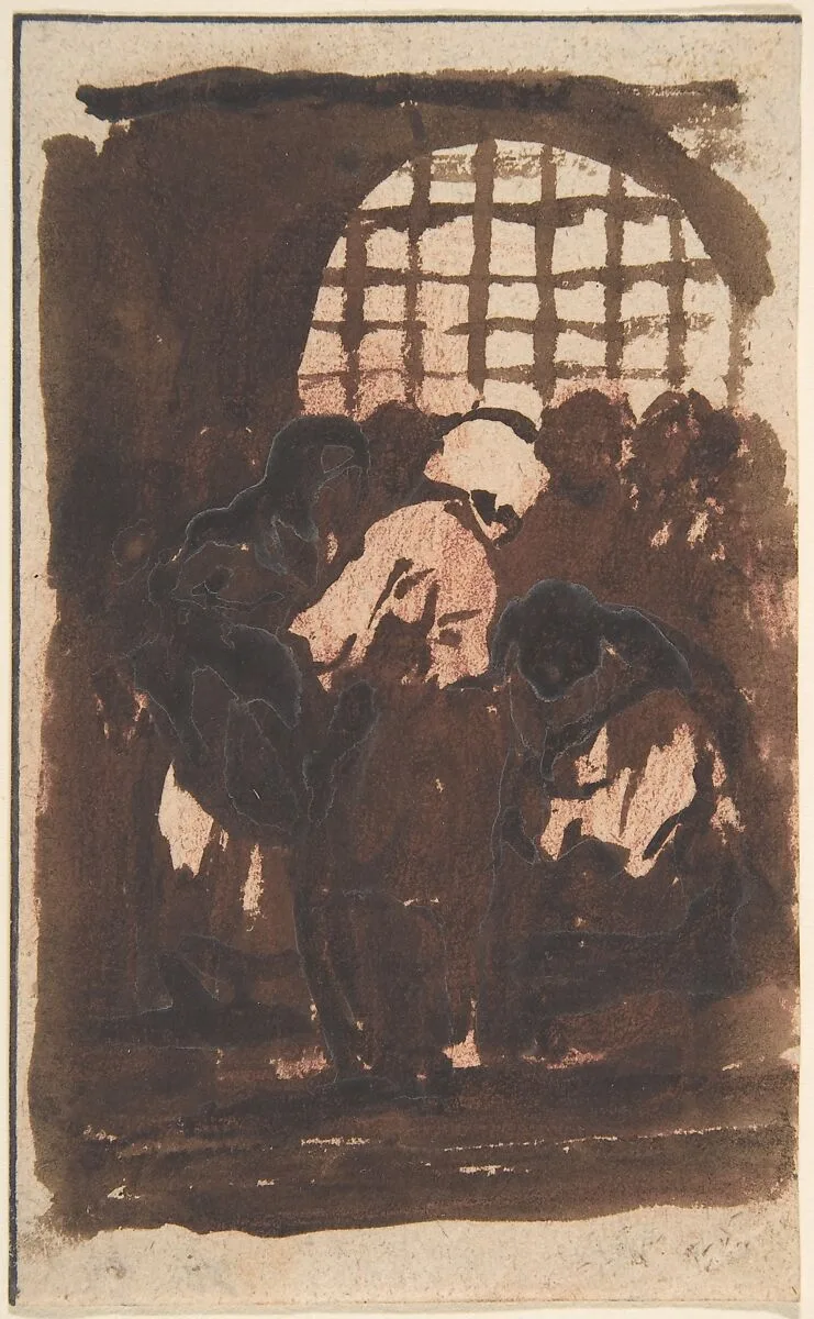 Figures inside a prison (recto), a monstrous animal (verso) — Goya (Francisco de Goya y Lucientes)
