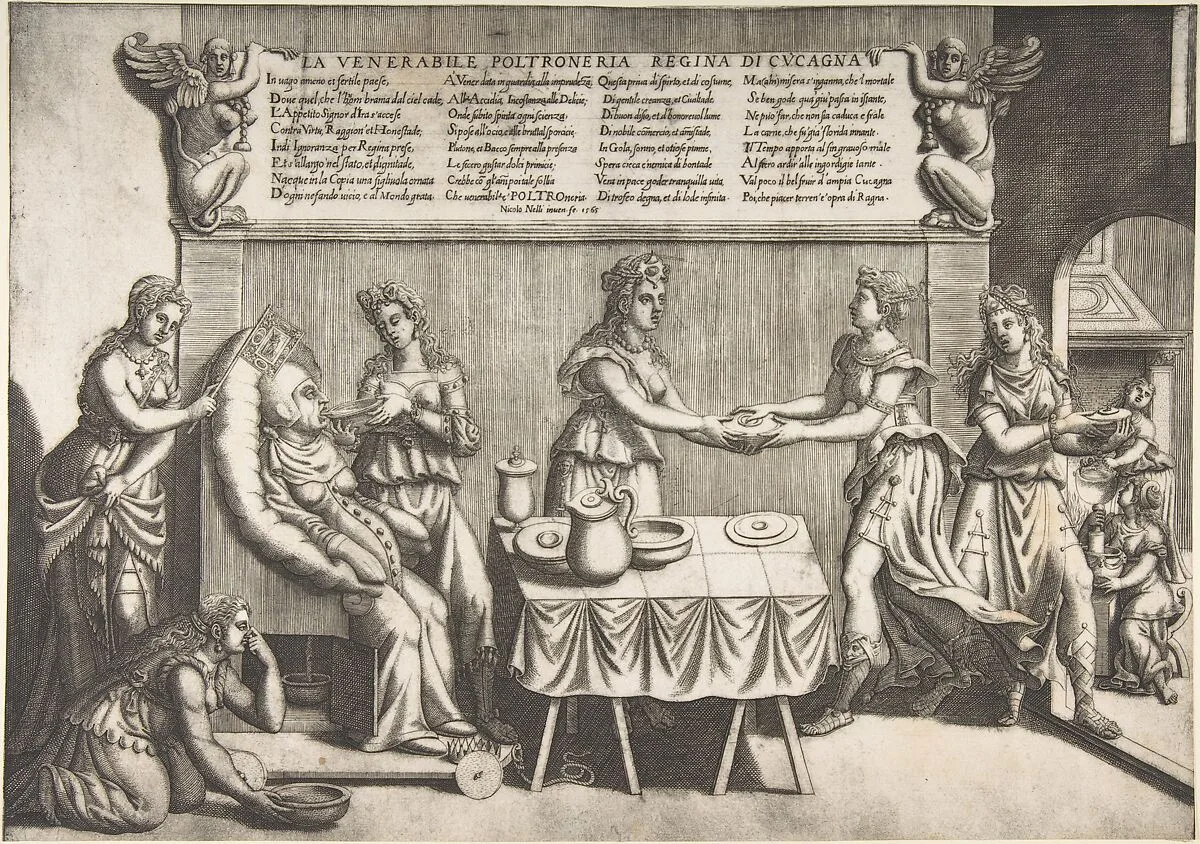 Venerable Idleness, Queen of Cockaigne; a fat woman seated on a movable toilet chair being waited on and fed by seven women — Nicolò Nelli