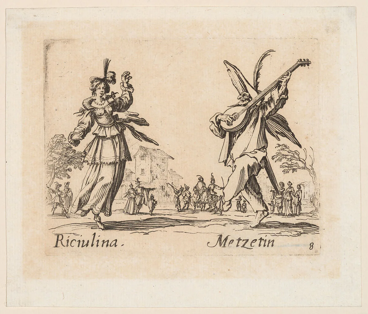 Riciulina and Metzetin, from Balli di Sfessania (Dance of Sfessania), plate 8 — Jacques Callot|Israel Silvestre
