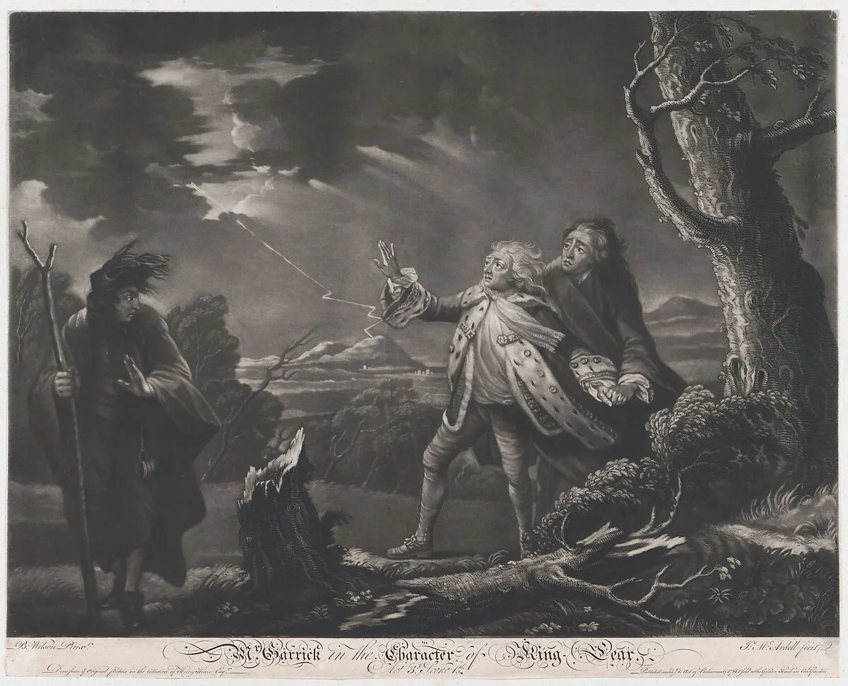 Mr. Garrick in the Character of King Lear (Shakespeare, King Lear, Act 3, Scene 1) — James McArdell|Benjamin Wilson|David Garrick|William Shakespeare