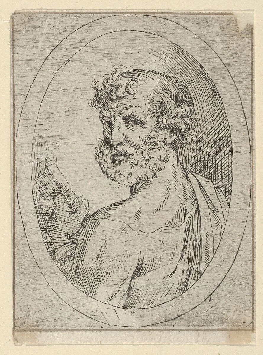 Saint Peter seen from behind, turning to face outwards and holding a key, in an oval frame, from "Christ, the Virgin, and Thirteen Apostles" — Anonymous, 17th century|Guido Reni