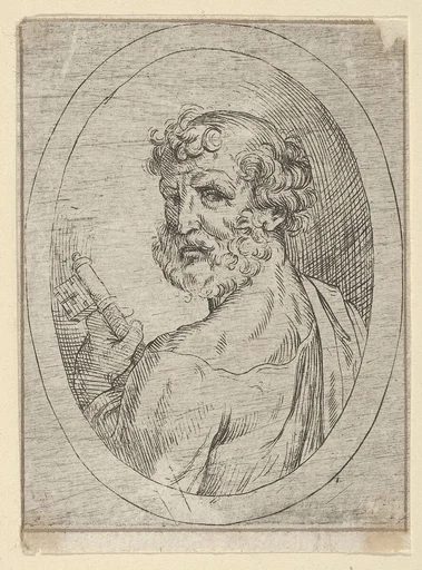Saint Peter seen from behind, turning to face outwards and holding a key, in an oval frame, from "Christ, the Virgin, and Thirteen Apostles"