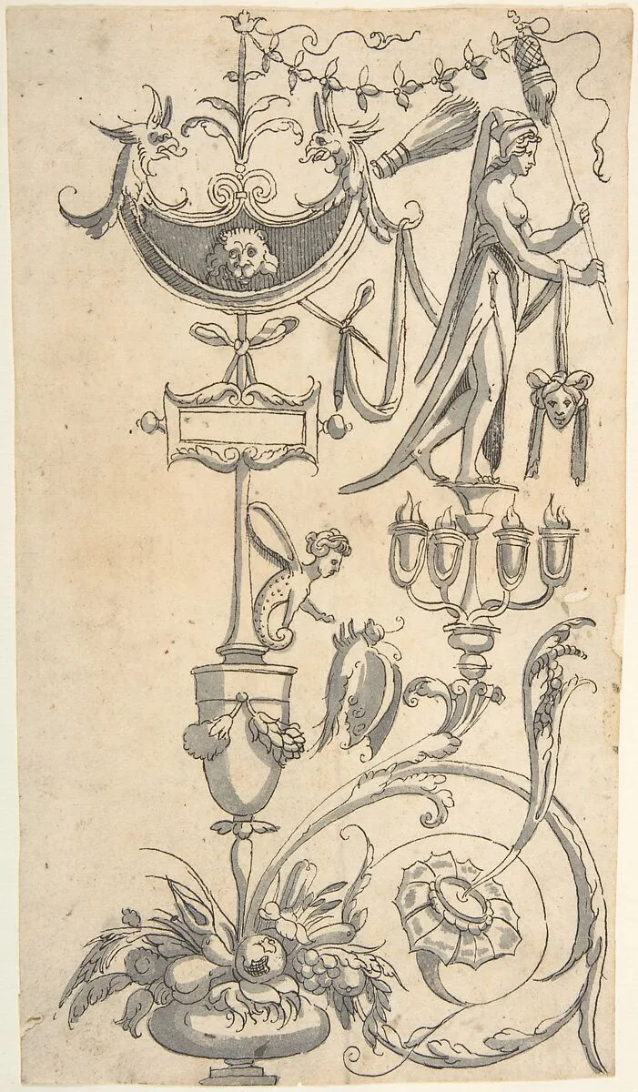 Candelabra Grotesque with a Vase with Fruit and an Amazon Shield — Cornelis Bos|Anonymous, Italian, 16th century