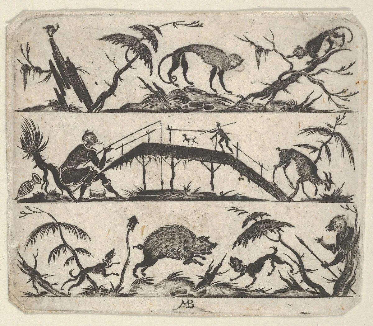 Blackwork Design for Goldsmithwork with a Hunter and a Fisherman — Mathais Beitler