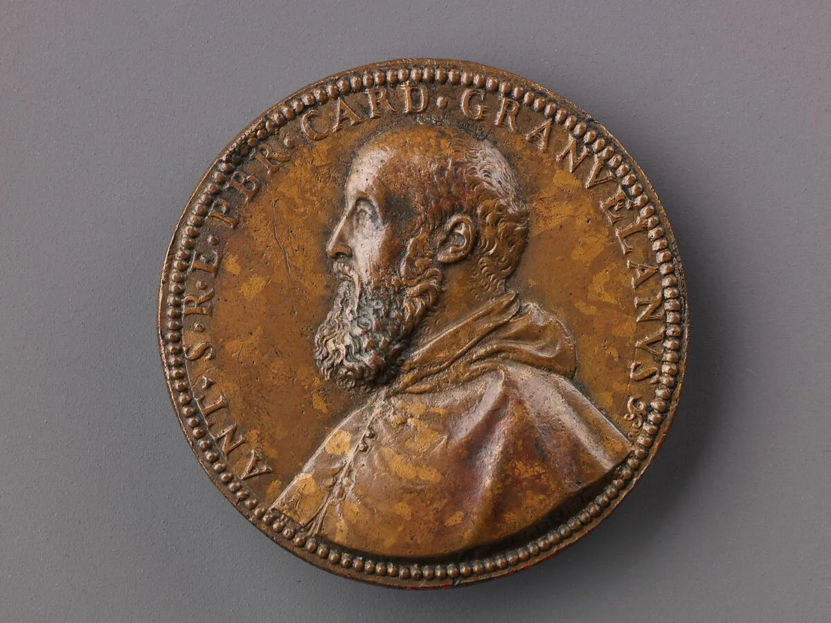 Portrait medal of Antoine Perrenot Granvelle (obverse); Don Juan of Austria Receiving the Standard from Granvelle (reverse) — Giovanni V. Melon