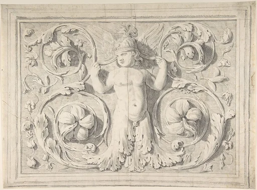 Antique Roman Sculpture with Nude Winged Boy at the Center and Leaves and Vines