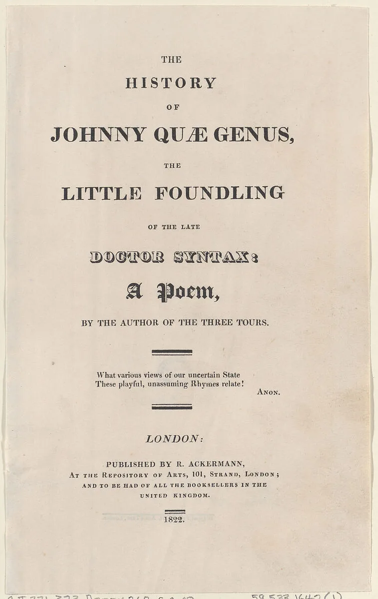 Title page, from "The History of Johnny Quae Genus, The Little Foundling of the Late Doctor Syntax" — William Combe|J. Diggens|Thomas Rowlandson|Rudolph Ackermann, London