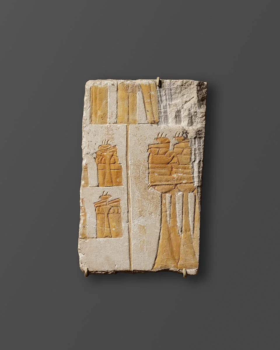 Relief with two temple courts with offerings — Unknown
