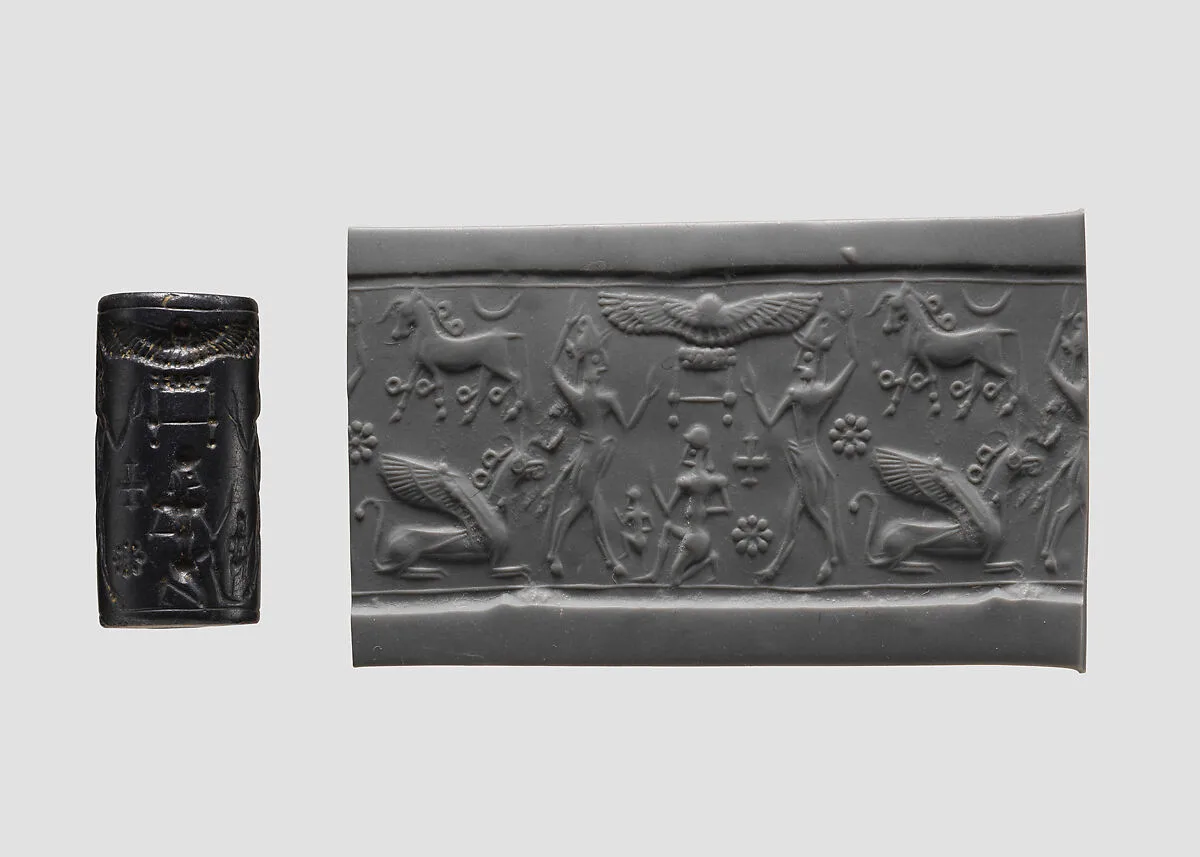 Cylinder seal and modern impression: two bullmen flanking sun-disc; horse, griffin — Unknown