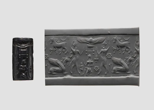 Cylinder seal and modern impression: two bullmen flanking sun-disc; horse, griffin