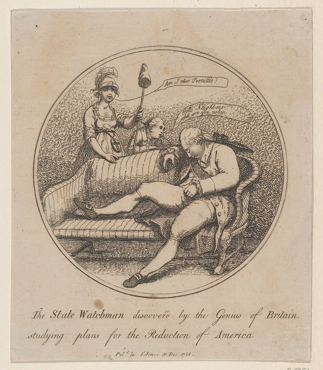 The State Watchman Discovered by the Genius of Britain Studying Plans for the Reduction of America — J. Jones|Thomas Rowlandson