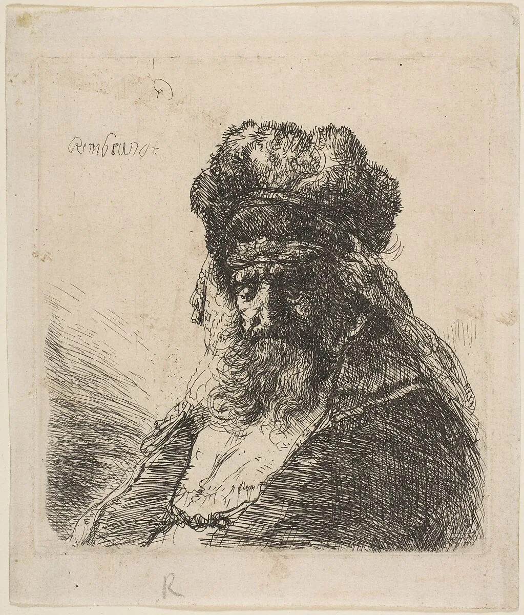 The Old Bearded Man in a High Fur Cap, with Eyes Closed — Rembrandt (Rembrandt van Rijn)