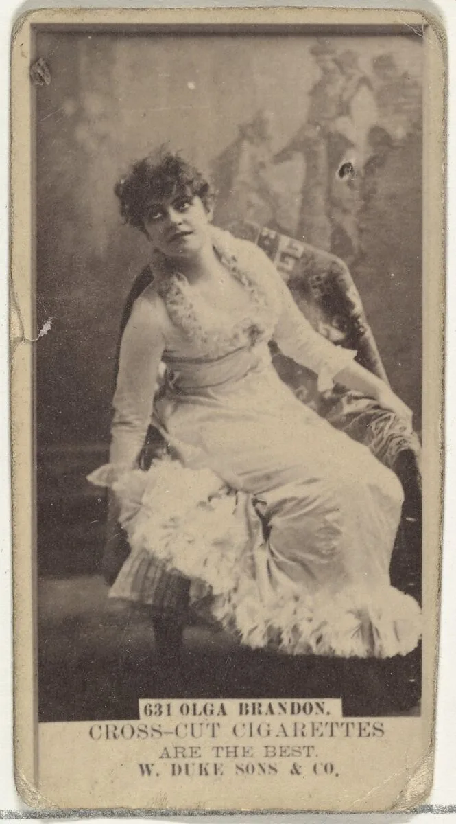 Card Number 631, Olga Brandon, from the Actors and Actresses series (N145-3) issued by Duke Sons & Co. to promote Cross Cut Cigarettes — W. Duke, Sons & Co.