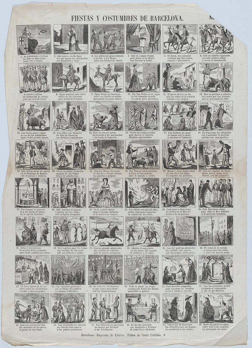 Broadside with 48 scenes depicting the celebrations and customs of Barcelona — Juan Llorens