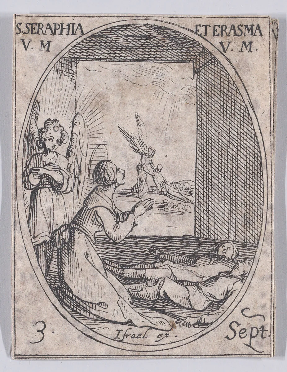 Ste. Séraphie et Ste. Erasme, vierges et martyres (St. Seraphia and St. Erasma, Virgins and Martyrs), September 3rd, from "Les Images De Tous Les Saincts et Saintes de L'Année" (Images of All of the Saints and Religious Events of the Year) — Jacques Callot|Israël Henriet