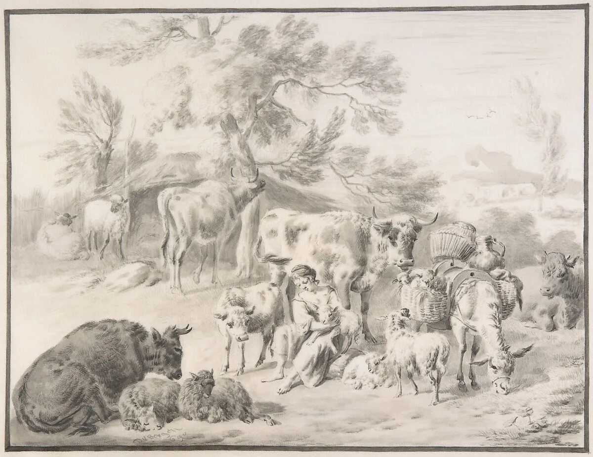 A Herdswoman Seated Amongst Her Animals, with a Lamb in Her Arms — Dirck van Bergen