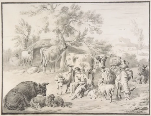 A Herdswoman Seated Amongst Her Animals, with a Lamb in Her Arms