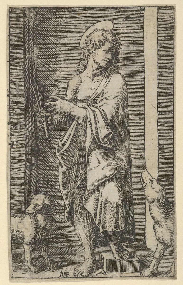 St Lazarus flanked by two dogs, from "Piccoli Santi" (Small Saints) — Marcantonio Raimondi