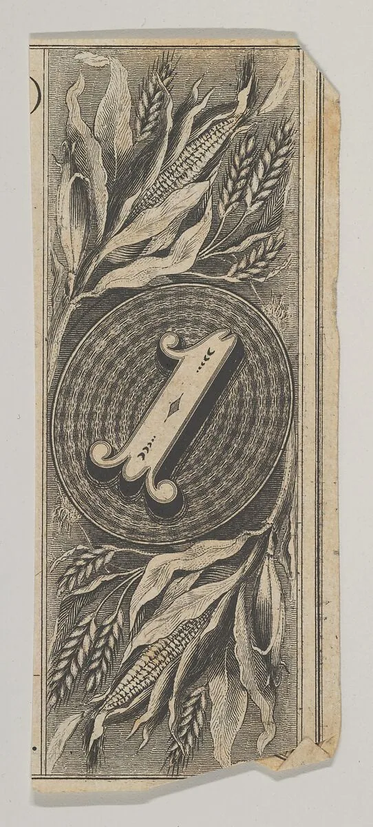 Banknote motif: the number 1 against an oval of woven lathe work, inside a rectangle decorated with grain — A. B. & C. Durand & Company|Durand, Perkins, and Company|Cyrus Durand