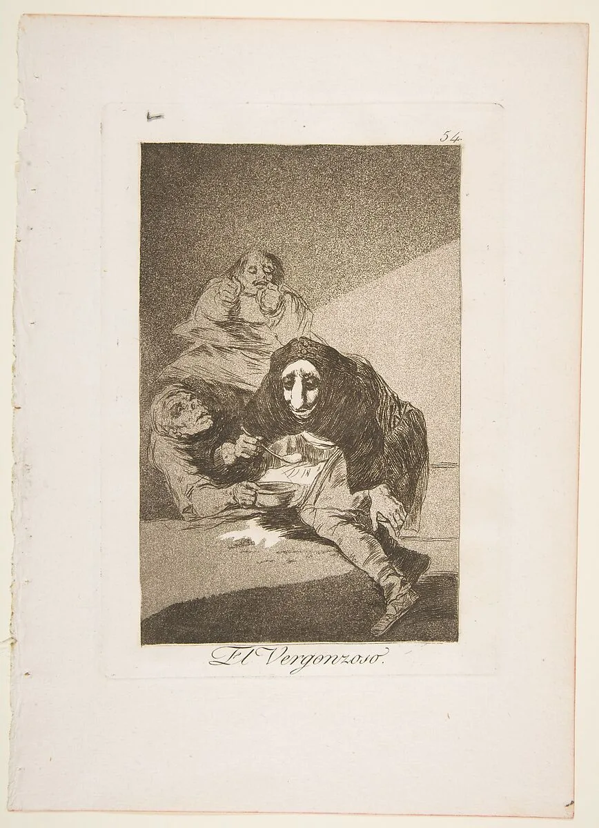 Plate 54 from "Los Caprichos": The shamefaced one (El Vergonzoso) — Goya (Francisco de Goya y Lucientes)