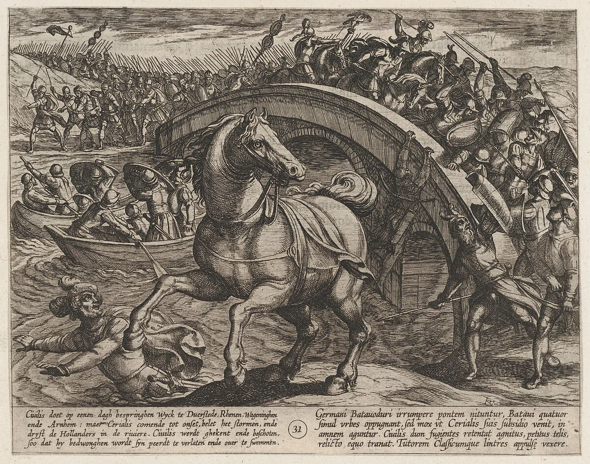 Plate 31: Civilis Forced to Dismount and Swim Across the River, from The War of the Romans Against the Batavians (Romanorvm et Batavorvm societas) — Antonio Tempesta|Otto van Veen