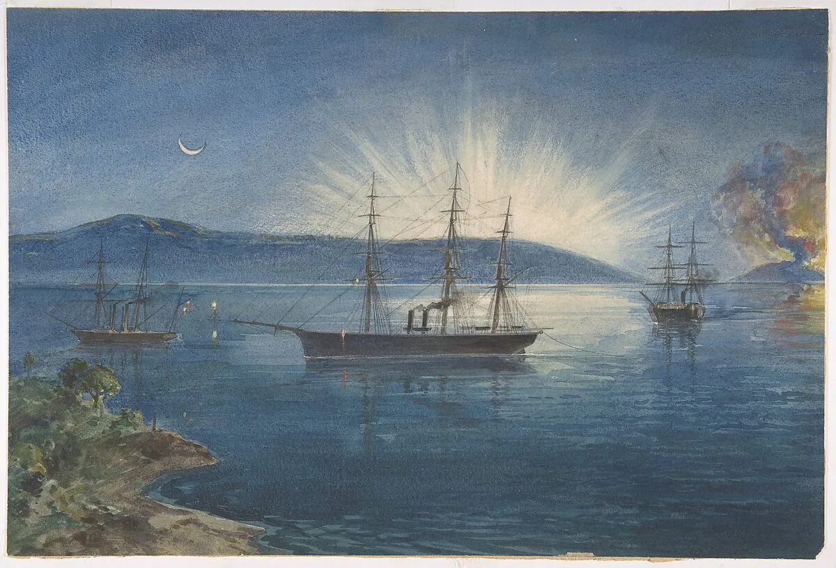 The Bay of Bull Arms, Trinity Bay, Newfoundland, Bonfires Lighted on the Hills to Notify of the Arrival of the Cable Fleet on August 5th, 1858 — Robert Charles Dudley