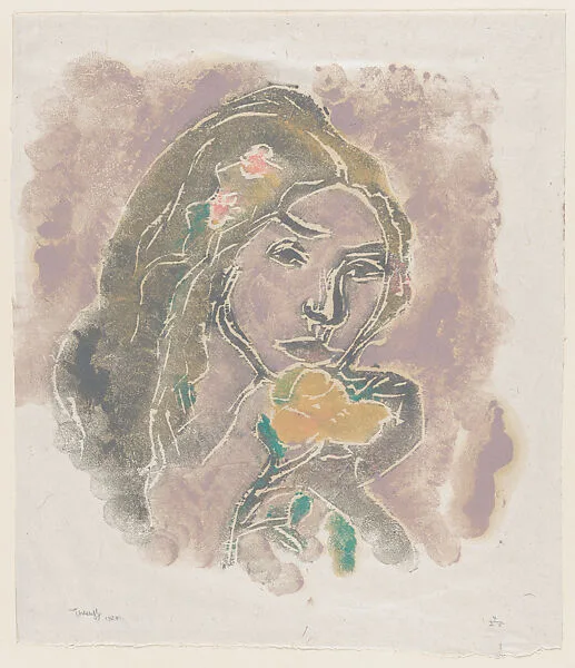 Elegy (Elegia), head of a girl with flowers — Ellen Thesleff