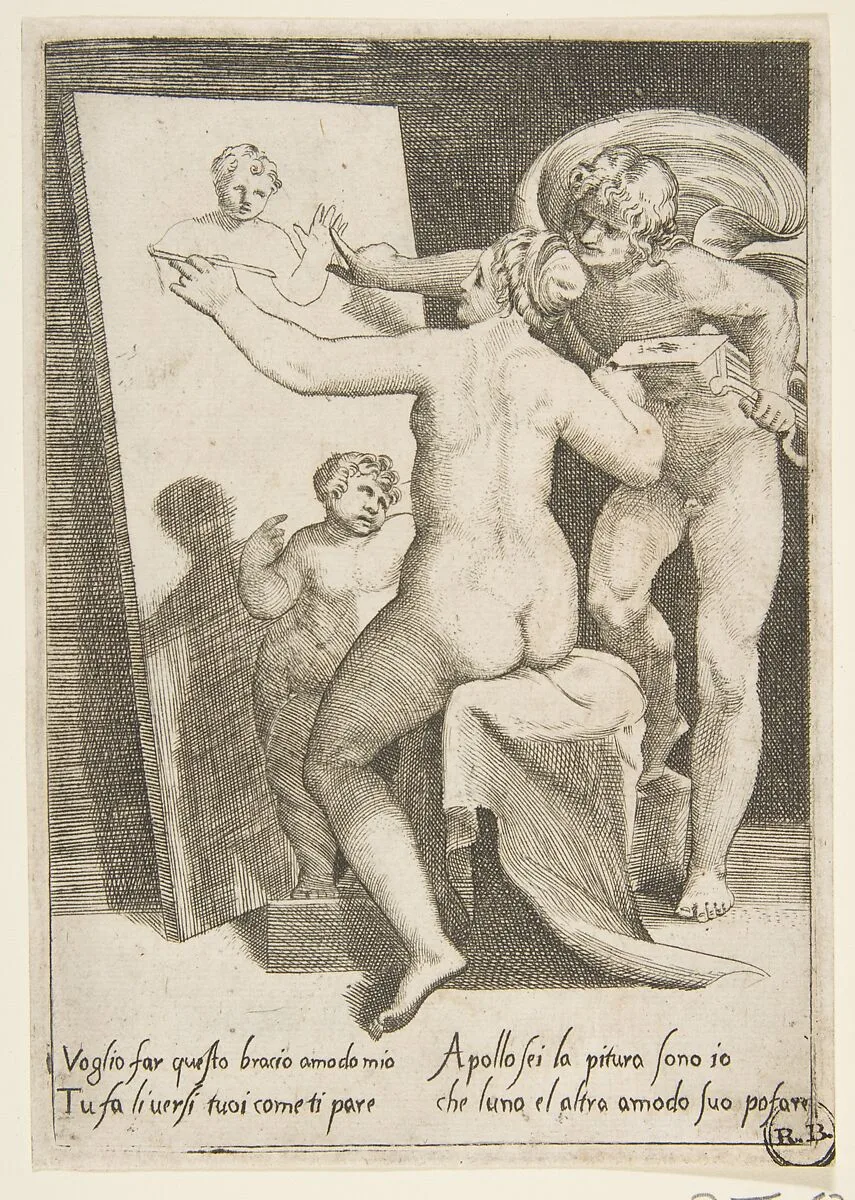 Apollo standing a beside a woman representing an allegory of painting, from "The Loves of the Gods" — Giulio Bonasone