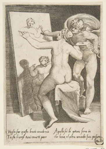 Apollo standing a beside a woman representing an allegory of painting, from "The Loves of the Gods"