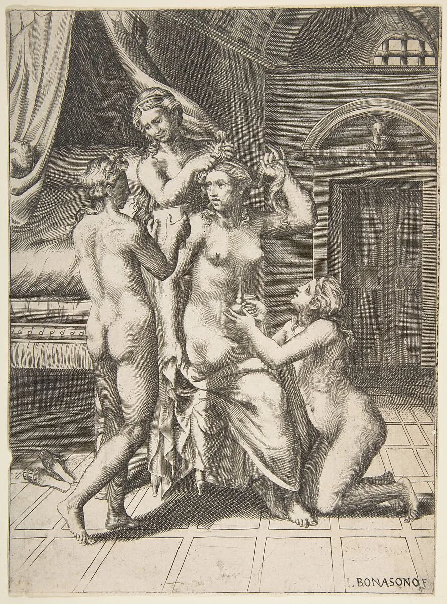 The toilet of Psyche who is seated in the centre being attended to — Giulio Bonasone