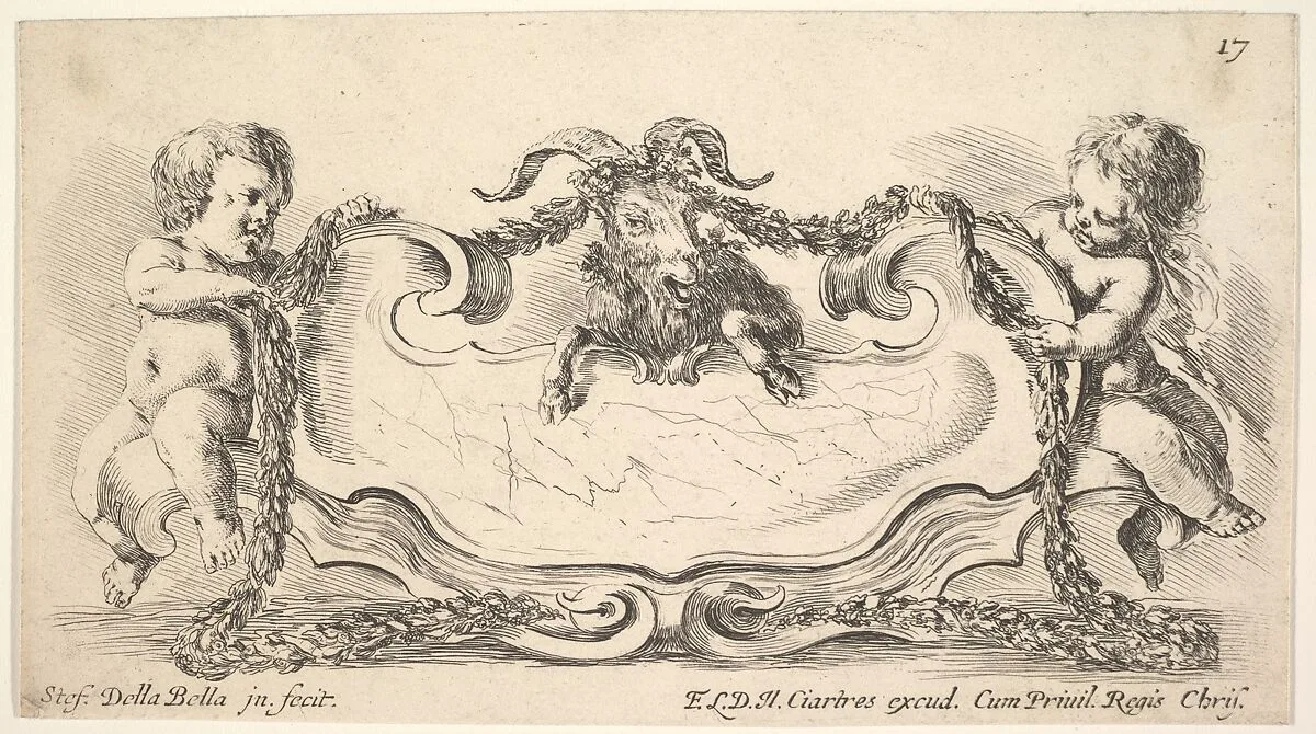 Plate 17: a cartouche with a marble center, an infant on either side holding a garland over the horns of a ram in center, from 'Collection of various caprices and new inventions of cards and ornaments' (Raccolta di varii cappriccii et nove inventioni di cartelle et ornamenti) — Stefano della Bella|François Langlois