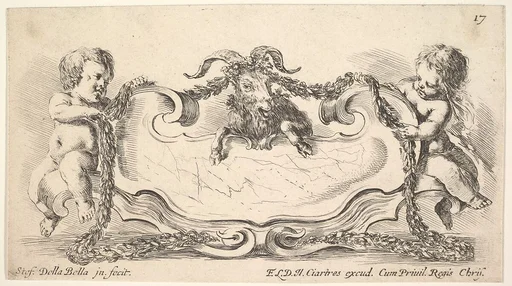 Plate 17: a cartouche with a marble center, an infant on either side holding a garland over the horns of a ram in center, from 'Collection of various caprices and new inventions of cards and ornaments' (Raccolta di varii cappriccii et nove inventioni di cartelle et ornamenti)