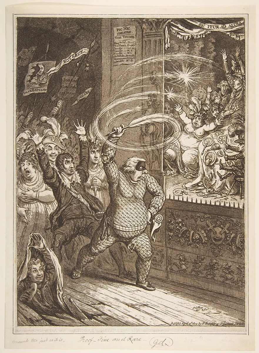 Blowing-up the Pic-Nic's;–or–Harlequin Quixote Attacking the Puppets, vide Tottenham Street Pantomime — James Gillray|Hannah Humphrey