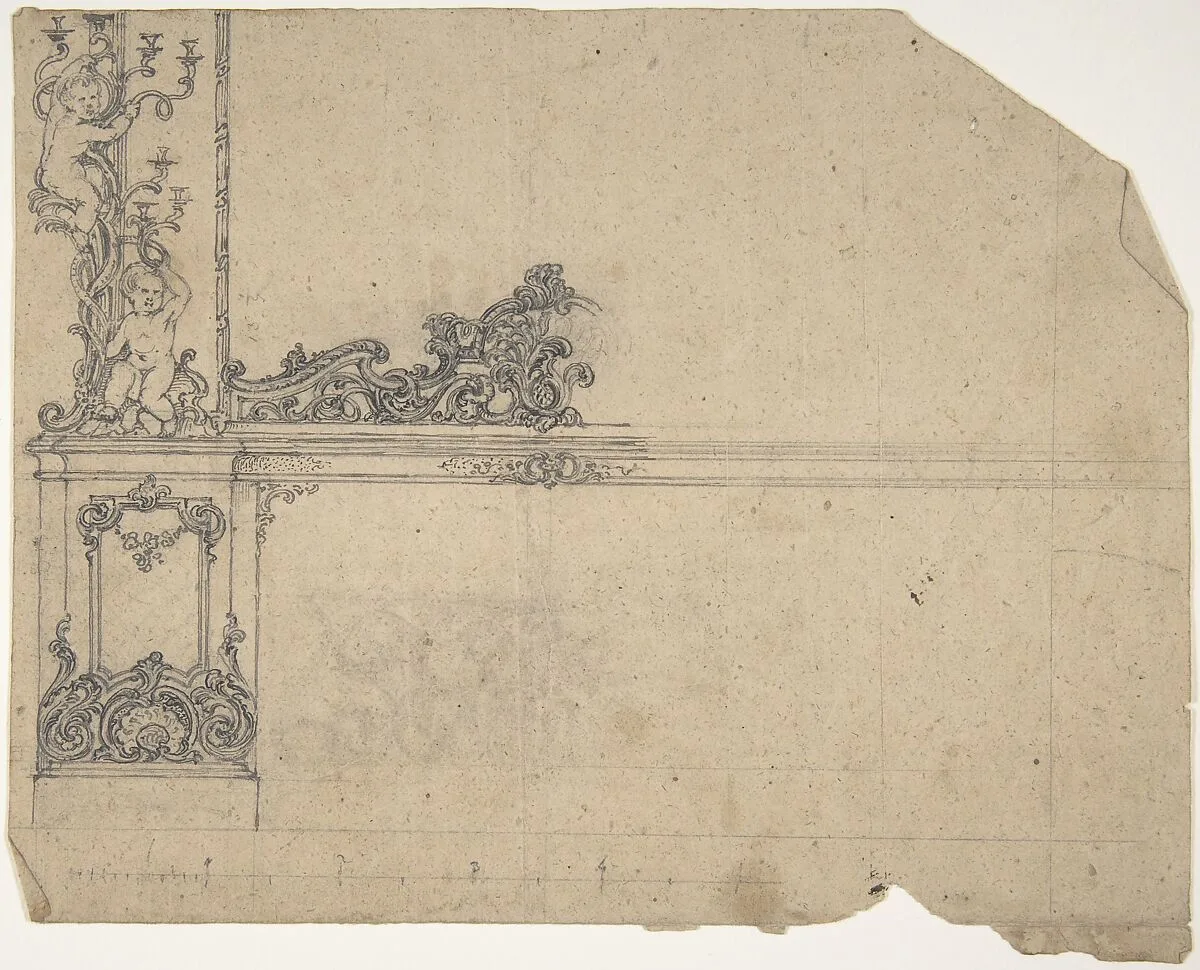 Design for left-hand side of a side-board, framed by sconces with putti — Anonymous, British, 19th century