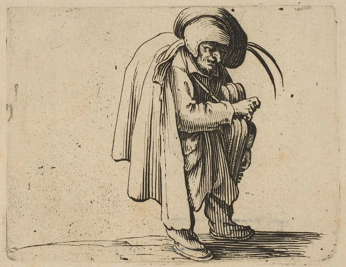 Le Jouer de Vielle (The Hurdy-Gurdy Player), from Varie Figure Gobbi, suite appelée aussi Les Bossus, Les Pygmées, Les Nains Grotesques (Various Hunchbacked Figures, The Hunchbacks, The Pygmes, The Grotesque Dwarfs) — Jacques Callot
