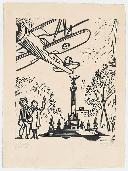 Two people looking up at an American airplane flying overhead — Alfredo Zalce
