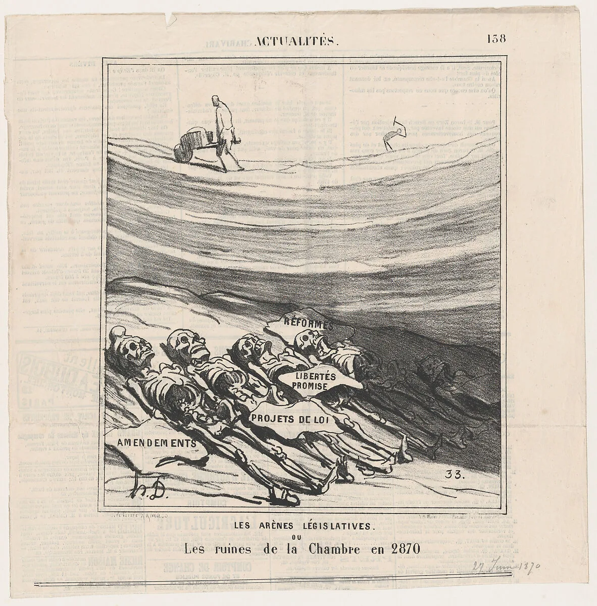 The legislative arena or the ruins of the Chamber of Deputies in the year 2870, from 'News of the day,' published in Le Charivari, June 27, 1870 — Walter Frères|Arnaud de Vresse|Honoré Daumier