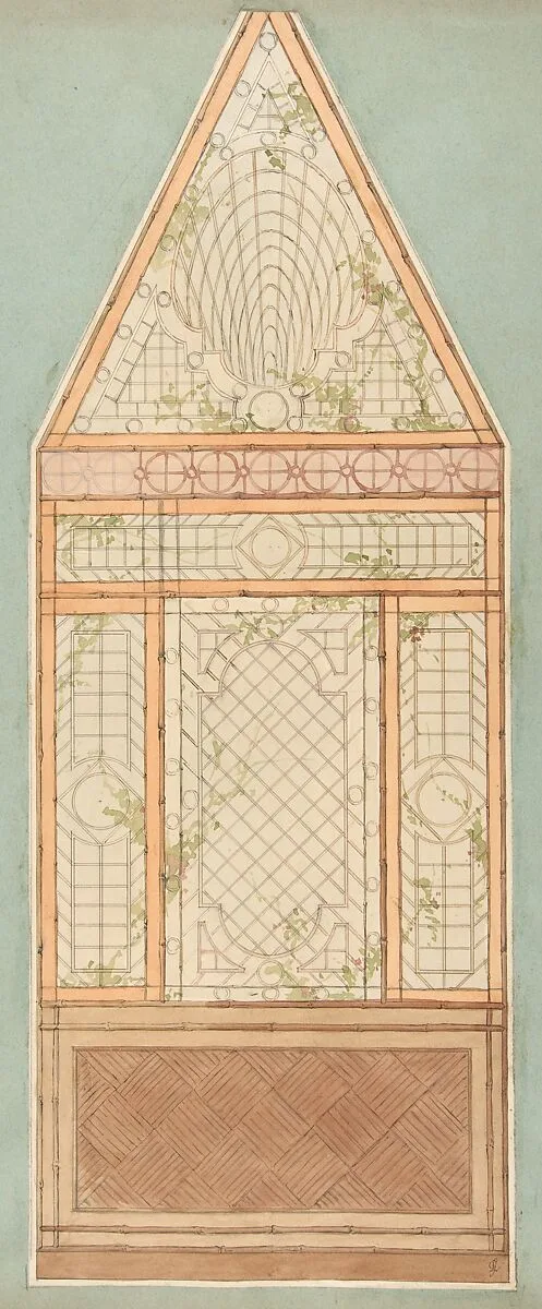 Design for the treatment of a wall with a pattern of lattices, vines, and bamboo — Jules-Edmond-Charles Lachaise|Eugène-Pierre Gourdet