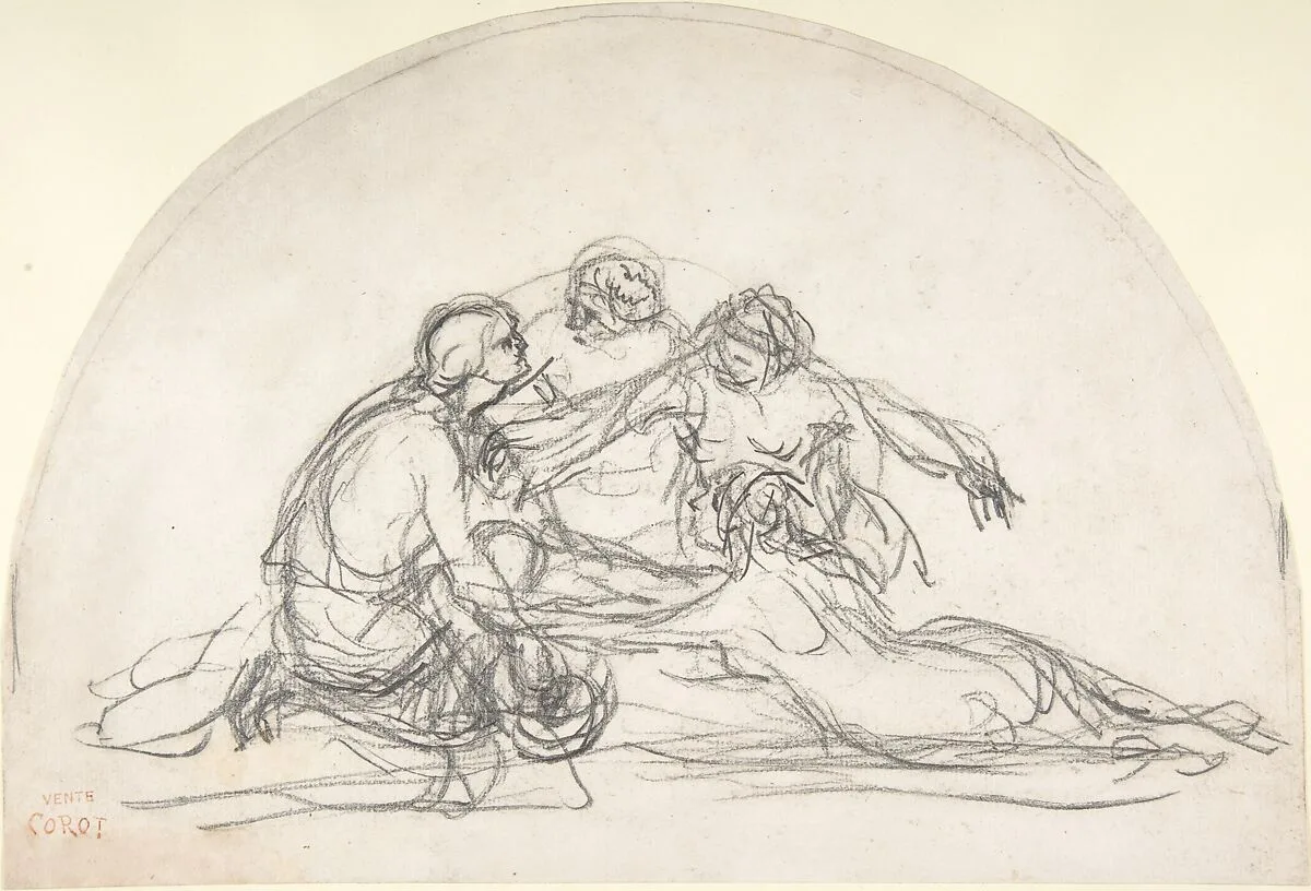 Three Nymphs and a Youth: study for a decorative lunette — Camille Corot